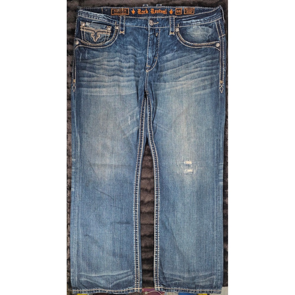 Rock Revival Dorsett Straight Leg Jeans Mens 44x33 Blue Distressed RP9550J206